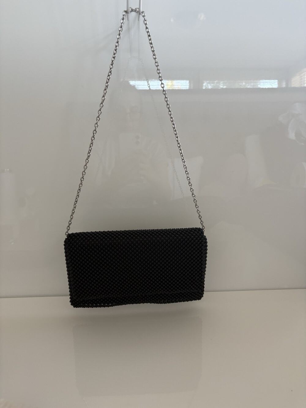 Style & Co Black Beaded Evening Clutch Purse Silver Chain Shoulder Bag